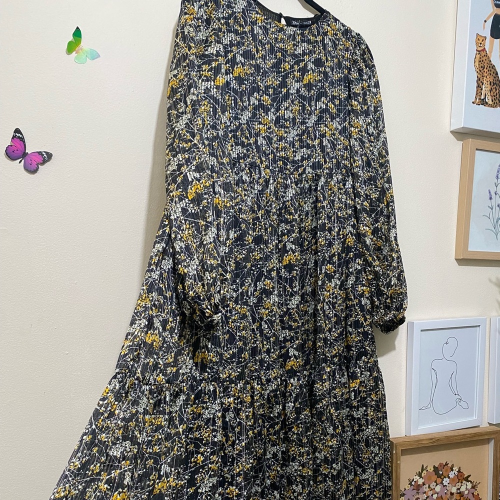 Zara Multi Color Floral Metallic Maxi Dress